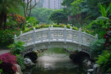 white bridge arches gracefully over a small stream, surrounded by lush tropical plants and flowers in urban park