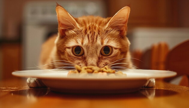 A cat making a silly face while eating, capturing a moment of goofiness during mealtime