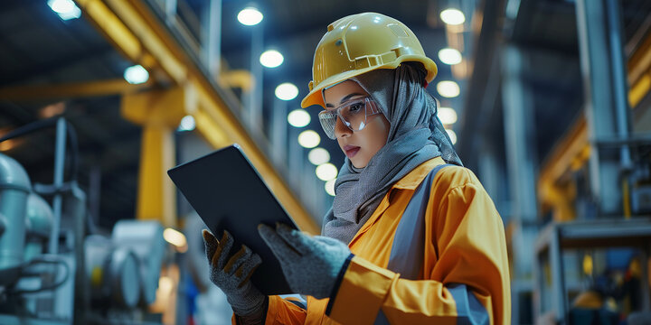 A female civil engineer, a Muslim woman in hijab and a hard hat, dressed in a uniform with a tablet in her hands. Portrait in the factory interior. Bokeh in the background. AI generated.