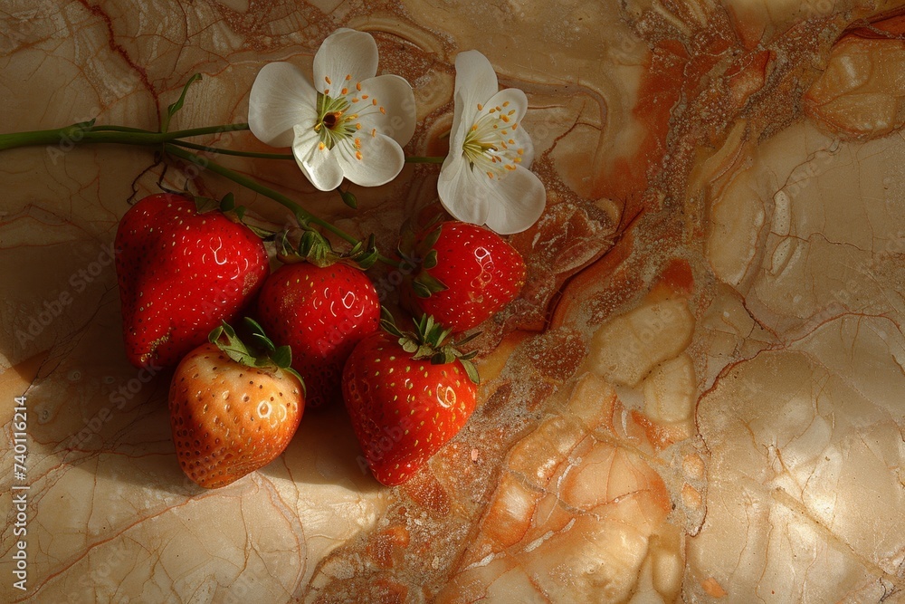 Aufkleber ripe strawberries resting on a sleek marble counter, creating an enticing display