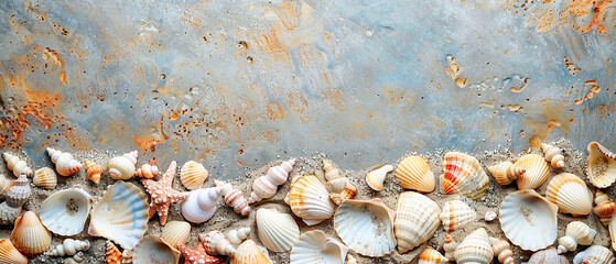 background made from shells, flotsam, stones; holiday feeling, sea sand - obrazy, fototapety, plakaty