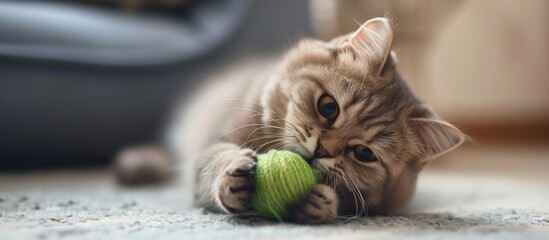 A happy cat engaging with a green ball on the floor, chewing on it for dental health and enjoyment. - obrazy, fototapety, plakaty