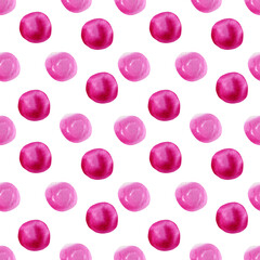 Seamless polka dot pattern. Watercolor pink abstract background with bright pink circles and ovals for wrapping paper, textile, wallpaper