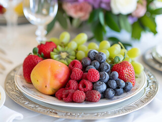 Naklejka na ściany i meble Luxurious fruit assortment on an ornate plate.