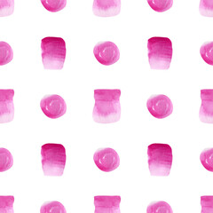 Seamless pink spots pattern. Abstract watercolor background with bright polka dot, spot, blot and stains for wrapping paper, textile, wallpaper