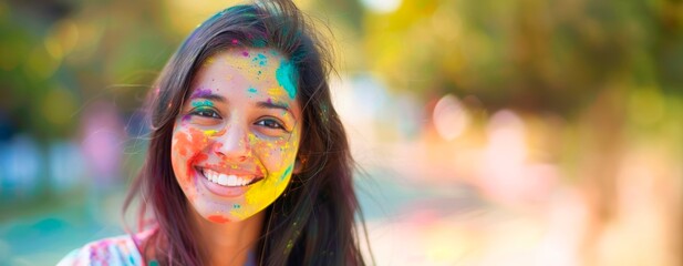 holi festival portrait of an Indian  woman with her face painted in colorful powder, vibrant powder paint explosion, joyous festival., horizontal background, copy space for text 