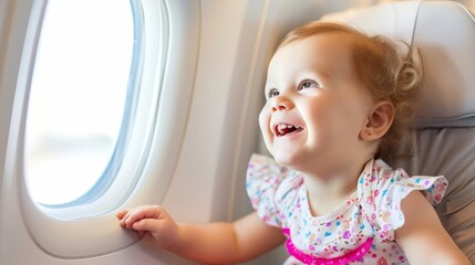 Young girl traveling by airplane, sitting by window, gazing outside, air travel adventure for kids
