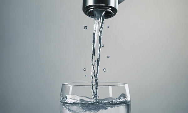 Water, poured into a glass from a tap, isolated on a light grey background.