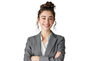 Portrait of young beautiful Business woman wearing suit and shirt posing with smart and confidence isolated on transparent png background.