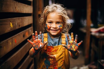 Portrait of a cheerful girl with paint stained hands and face