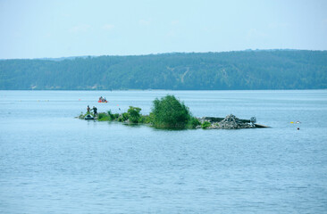 View of Dnipro river, small island located in front of the Trakhtemyriv reserve visible on a...