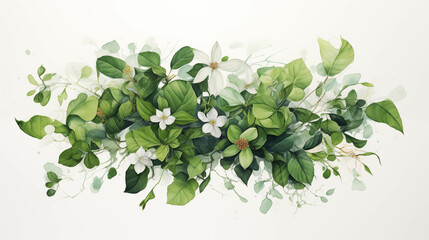 Watercolor illustration of green leaves and flowers on a white background.