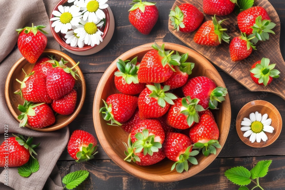 Poster bowl filled with fresh red strawberries placed next to a bowl filled with white daisies, creating a 