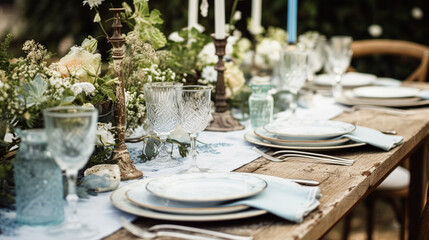 Fototapeta premium Table decor, holiday tablescape and dinner table setting in countryside garden, formal event decoration for wedding, family celebration, English country and home styling