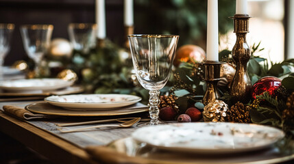 Christmas table decor, holiday tablescape and dinner table setting, formal event decoration for New Year, family celebration, English country and home styling