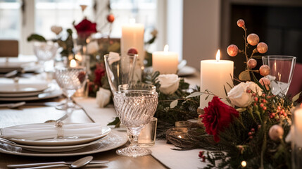 Fototapeta premium Table decor, holiday tablescape and formal dinner table setting for Christmas, holidays and event celebration, English country decoration and home styling
