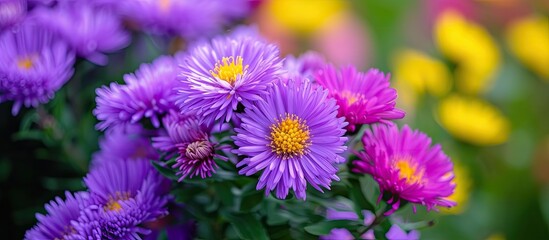 A stunning scene captures a burst of beauty as vibrant purple and yellow flowers bloom in a field.
