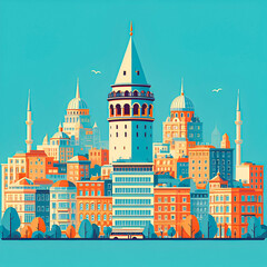 Galata Tower, Istanbul, Turkey. Flat vector skyline illustration of the tower. Beautiful Turkish architecture.