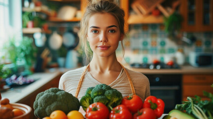 Beautiful young woman in a kitchen in front of fresh raw foods just picked from the orchard: broccoli, chard, red pepper, tomatoes, avocado, oranges. Healthy diet of vegetables and fruit. Ai generated