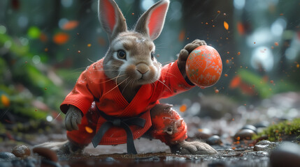 Whimsically cute Easter bunny practicing martial arts.