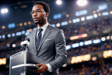 African-American man in a suit giving a lecture in a large auditorium bokeh, Generative IA