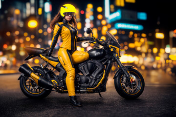 Obraz na płótnie Canvas Caucasian woman riding motorcycle dressed in yellow leather suit wearing helmet and goggles surrounded by lights of metropolis bokeh, Generative IA