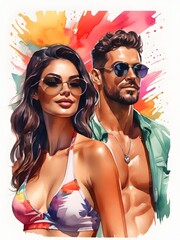 Harmony in Hues. Illustrating the Love Story of a Radiant Couple in Watercolors. International Kissing Day. Love Concept.