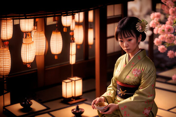 Japanese woman Geisha kneeling on tatami wearing kimono performing traditional matcha tea ceremony surrounded by lights and cherry blossoms, Generative AI