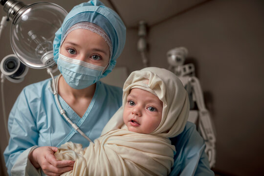 Nurse holds baby in her arms for first pediatric check up woman wears mask to protect infant from infection, , Generative IA