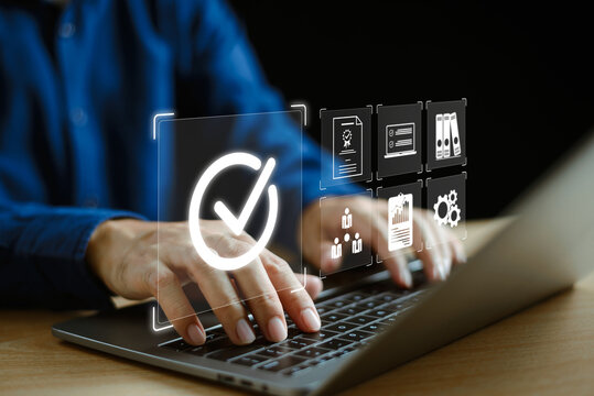 Quality Control QC, certification guarantee concept. Quality system control management service, online validation process. Quality Assurance QA, Compliance regulations and standards satisfaction