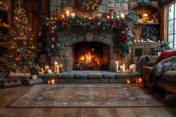Cozy and warm fireplace in a rustic house, christmas decorations, living room arrangement,