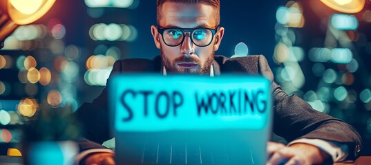 Obraz premium Man in suit holding stop working sign, party concept with bright image and blurred city backdrop