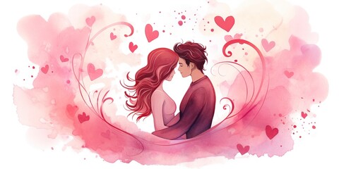 Couple in love hugging and kissing. Young love. ai generated. Watercolor illustration of kissing and hugging couple