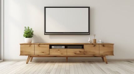 Blank poster frame mockup on white wall in living room with wooden sideboard and small green plant