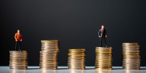 Different miniature businessman standing on different height coins stacking , Inequality income and...