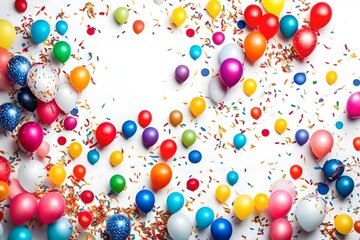 colorful balloons and confetti for a holiday celebration like birthday anniversary. wallpaper background for ads or gifts wrap and web design. white blank wall