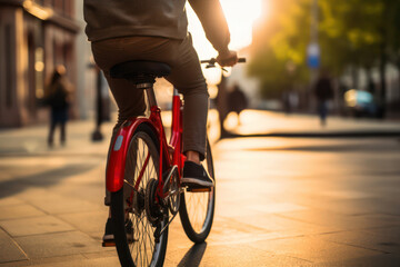 Active Urban Lifestyle: Young Biker Pedaling with Joy in Blurred Summer Cityscape