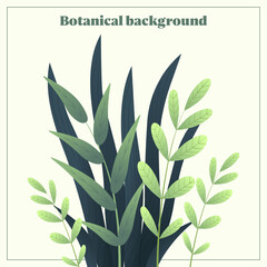 Vector botanical background. Bouquet of plants. Minimalistic design, green and beige color, gradient.