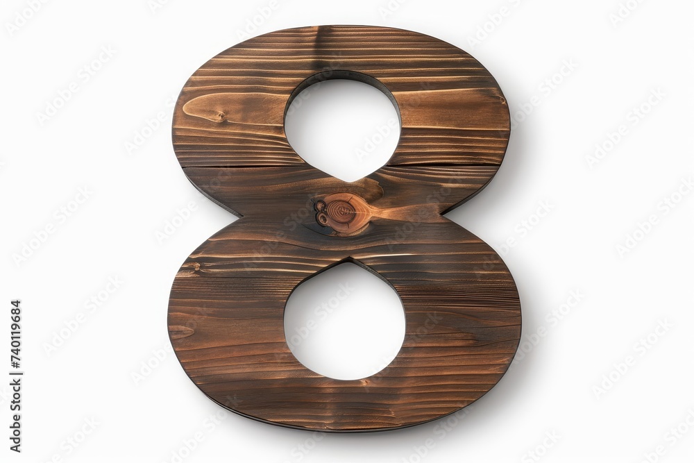 Poster dark oiled wood number eight shape isolated on white background for graphic design concepts