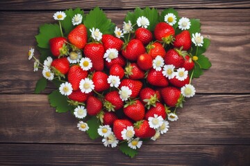 A creative arrangement of vibrant red strawberries and charming white daisies forms a heart shape, symbolizing love, freshness, and romance