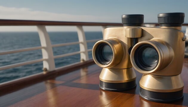 A pair of polished, bronze binoculars on a ship's deck