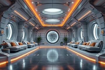 Fototapeta premium Futuristic stylish interior view of office with holographic screen, hi tech, mechanical technology concept. 3D rendering