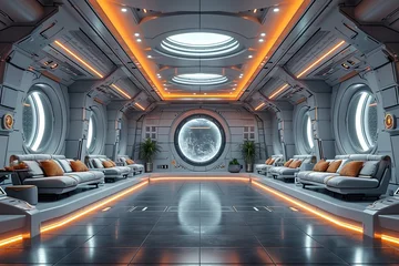 Foto op Aluminium Futuristic stylish interior view of office with holographic screen, hi tech, mechanical technology concept. 3D rendering © Dipankar
