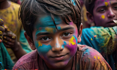 Portrait of indian kid or boy, or children or men or women or crowd, celebration of indian festival of india, colorful face, enjoying holi, smiley face, happiness in a photo, Generative AI