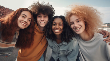 Multiracial group of young friends bonding outdoors, four individuals in an outdoor setting, standing close to each other in a show of camaraderie or friendship