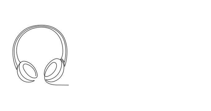 Headphones and book one line art animation,hand drawn audio reading device,listening audiobook wireless gadget continuous contour drawing motion.Education and studying concept outline.4k self-drawing 