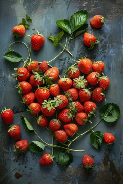 heart-shaped arrangement made entirely of fresh ripe strawberries, placed on a wooden table