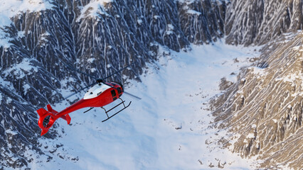 red helicopter flying over snowy mountains