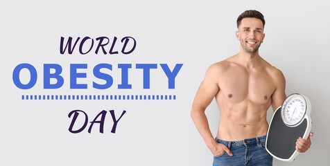 Banner for World Obesity Day with sporty man holding scales