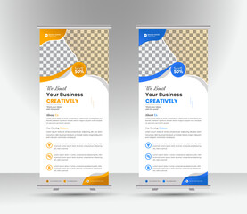 This template for a roll-up banner design has a contemporary x-banner, a vertical layout, rectangular measurements, and an abstract backdrop.